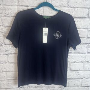 LRL Ralph Lauren Women’s NWT Navy Rhinestone Accent Short Sleeve Tshirt Large